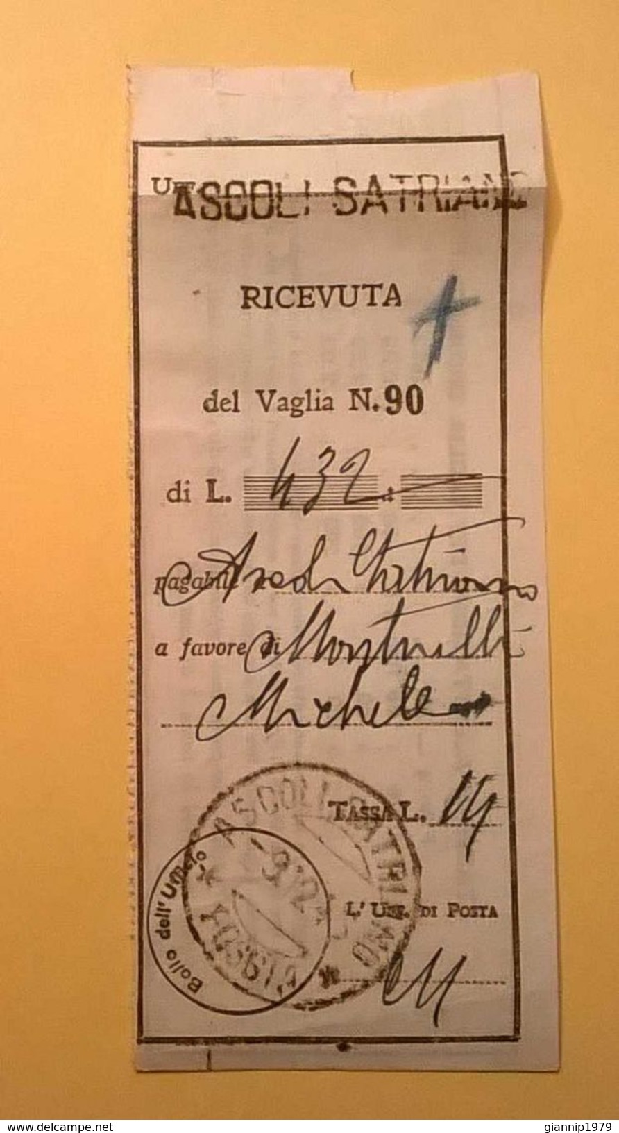 VAGLIA POSTALE RICEVUTA ASCOLI SATRIANO FOGGIA 1943 - Vaglia Postale