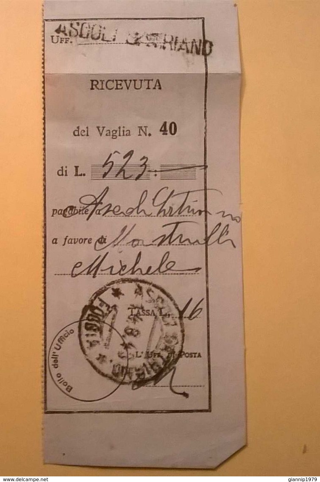 VAGLIA POSTALE RICEVUTA ASCOLI SATRIANO FOGGIA 1943 - Mandatsgebühr