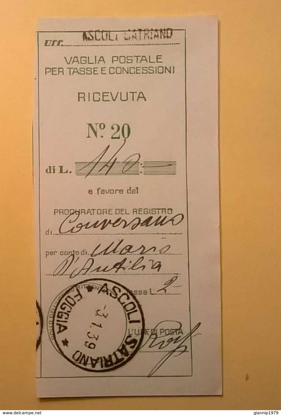 VAGLIA POSTALE RICEVUTA ASCOLI SATRIANO FOGGIA 1939 - Strafport Voor Mandaten