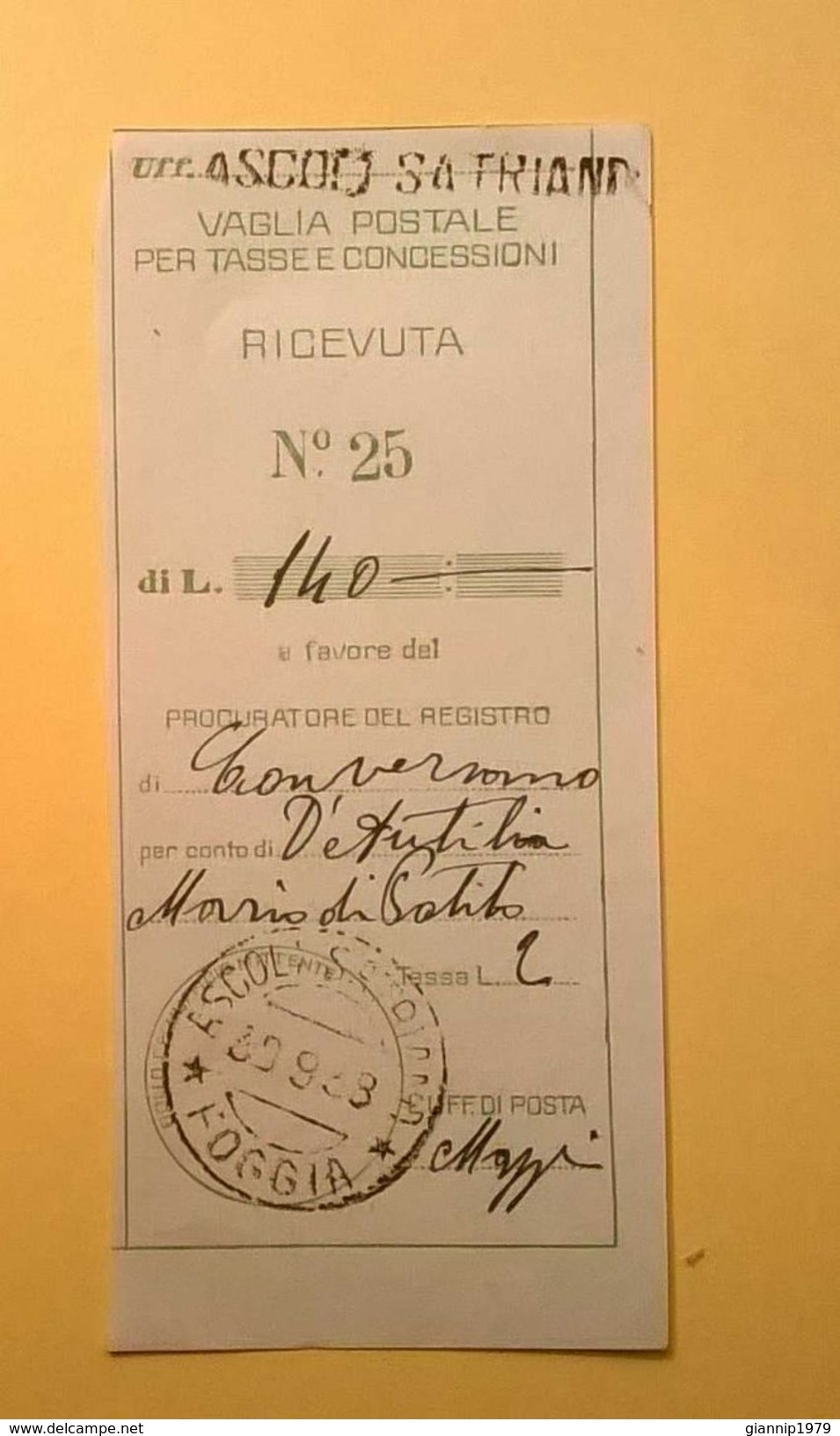 VAGLIA POSTALE RICEVUTA ASCOLI SATRIANO FOGGIA 1938 - Strafport Voor Mandaten