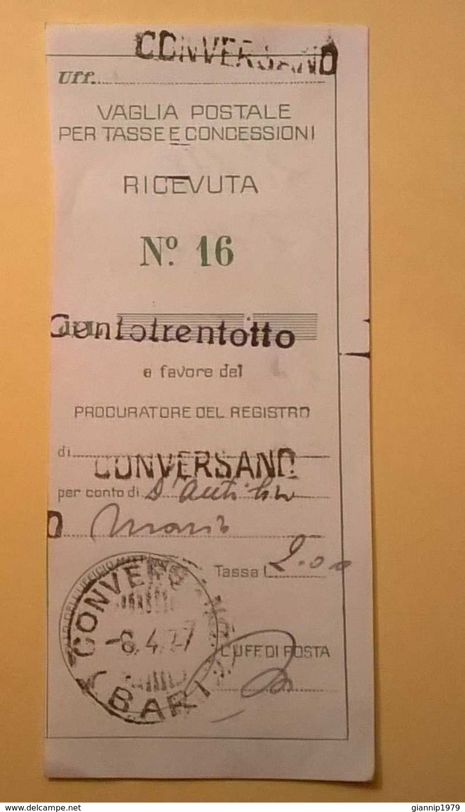 VAGLIA POSTALE RICEVUTA CONVERSANO BARI 1937 - Strafport Voor Mandaten