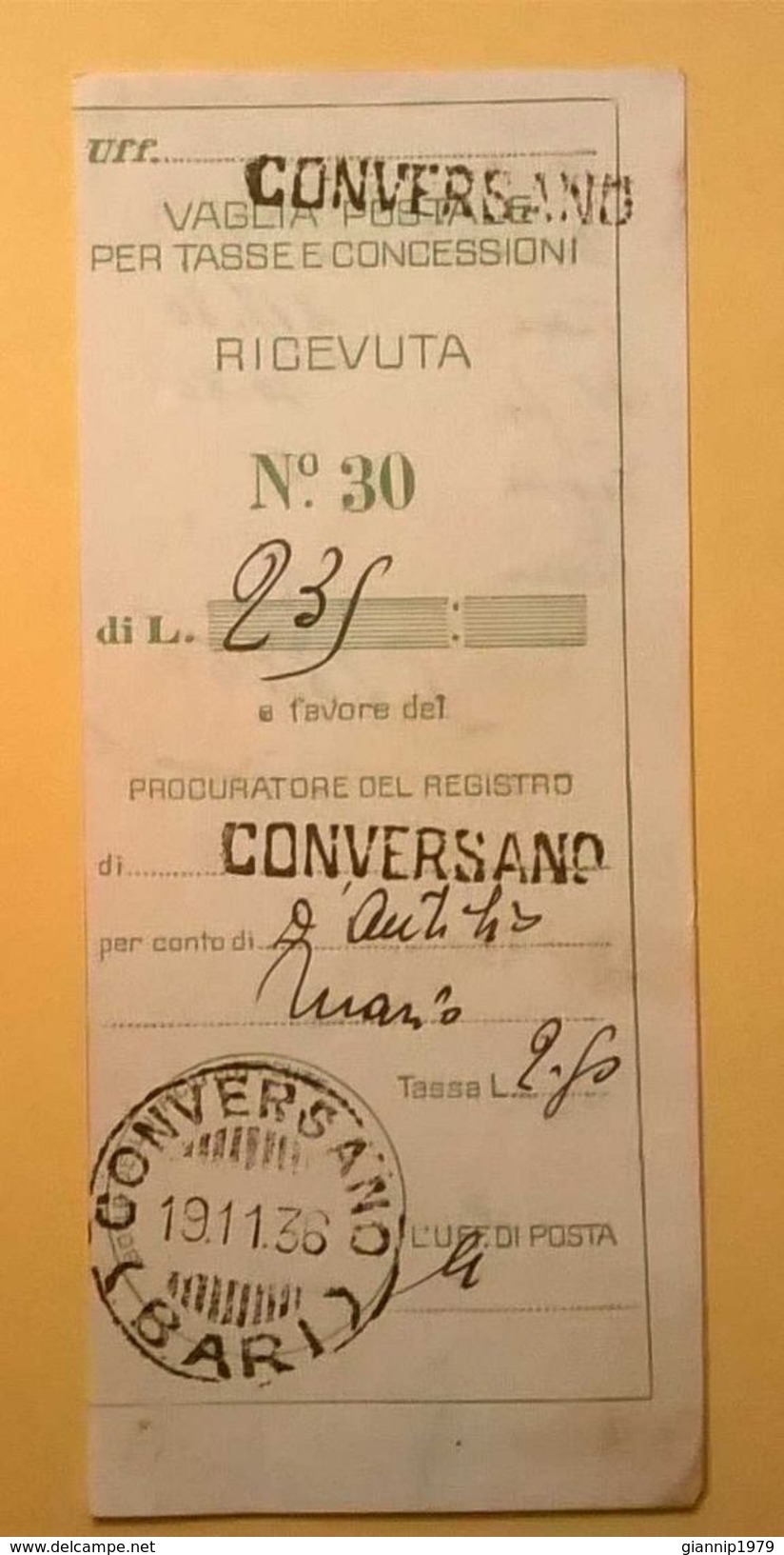 VAGLIA POSTALE RICEVUTA CONVERSANO BARI 1936 - Tax On Money Orders