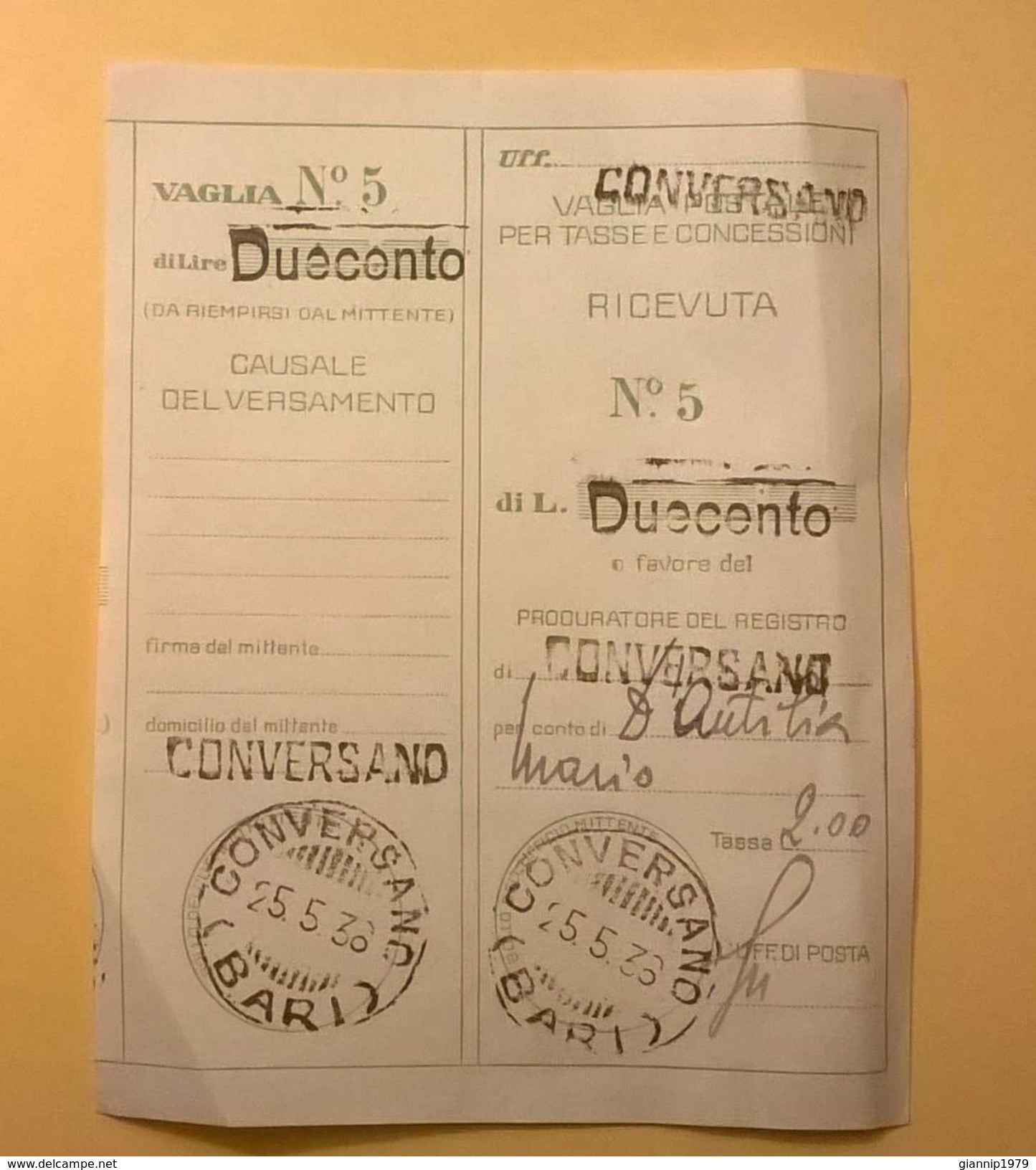 VAGLIA POSTALE RICEVUTA CONVERSANO BARI 1936 - Taxe Pour Mandats