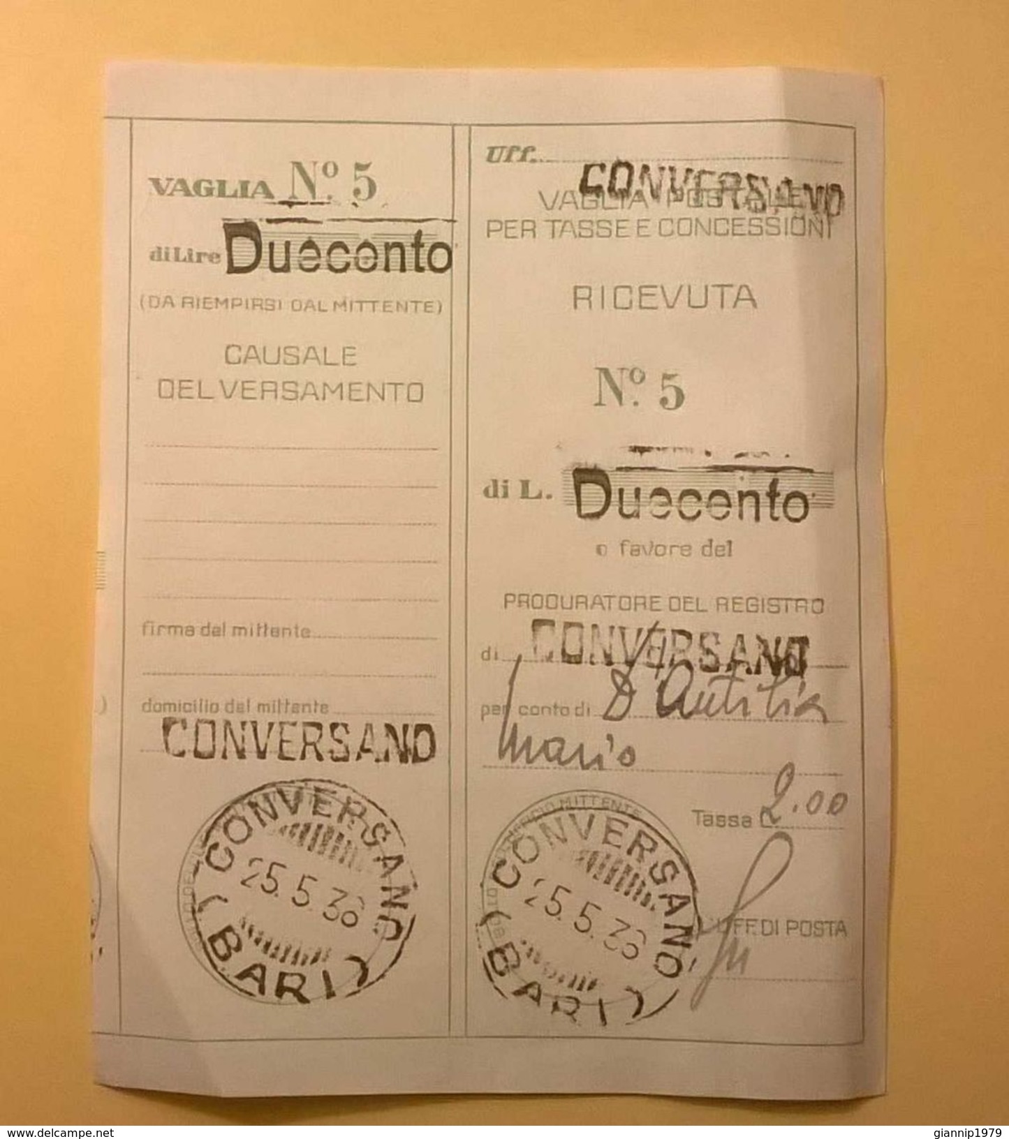 VAGLIA POSTALE RICEVUTA CONVERSANO BARI 1936 - Tax On Money Orders