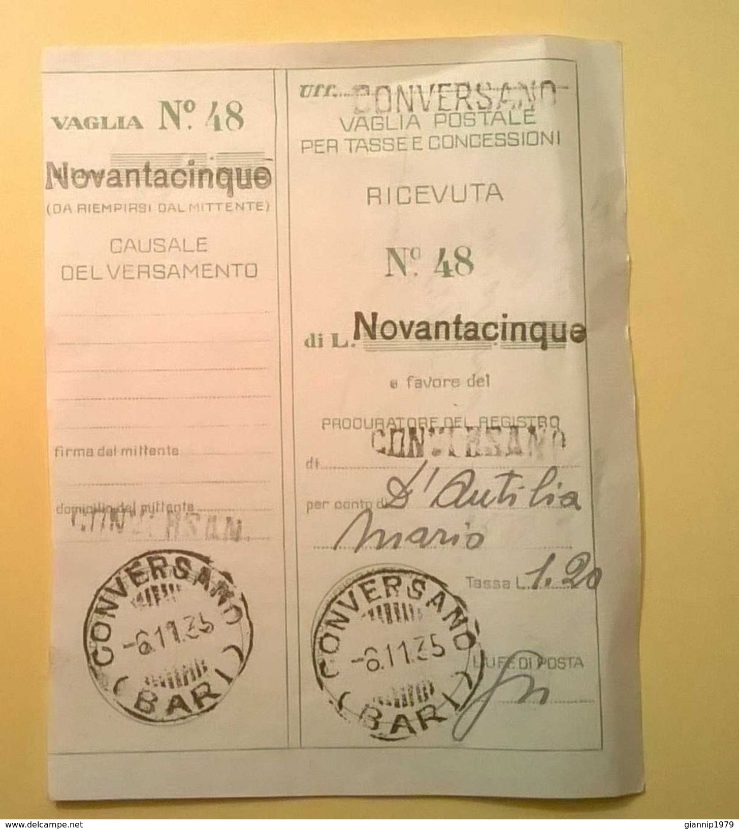 VAGLIA POSTALE RICEVUTA CONVERSANO BARI 1935 - Mandatsgebühr