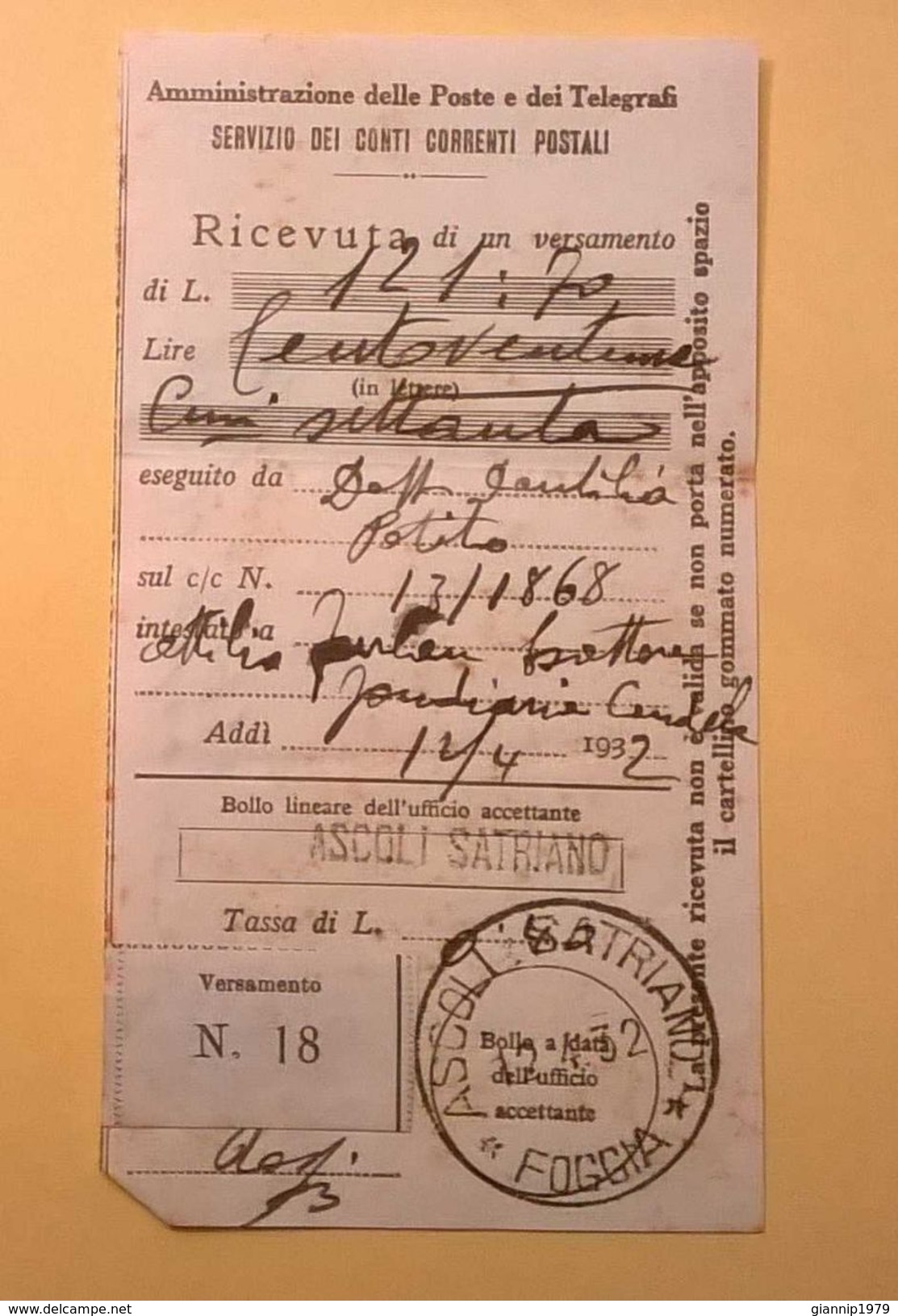 VAGLIA POSTALE RICEVUTA ASCOLI SATRIANO FOGGIA 1932 - Tax On Money Orders