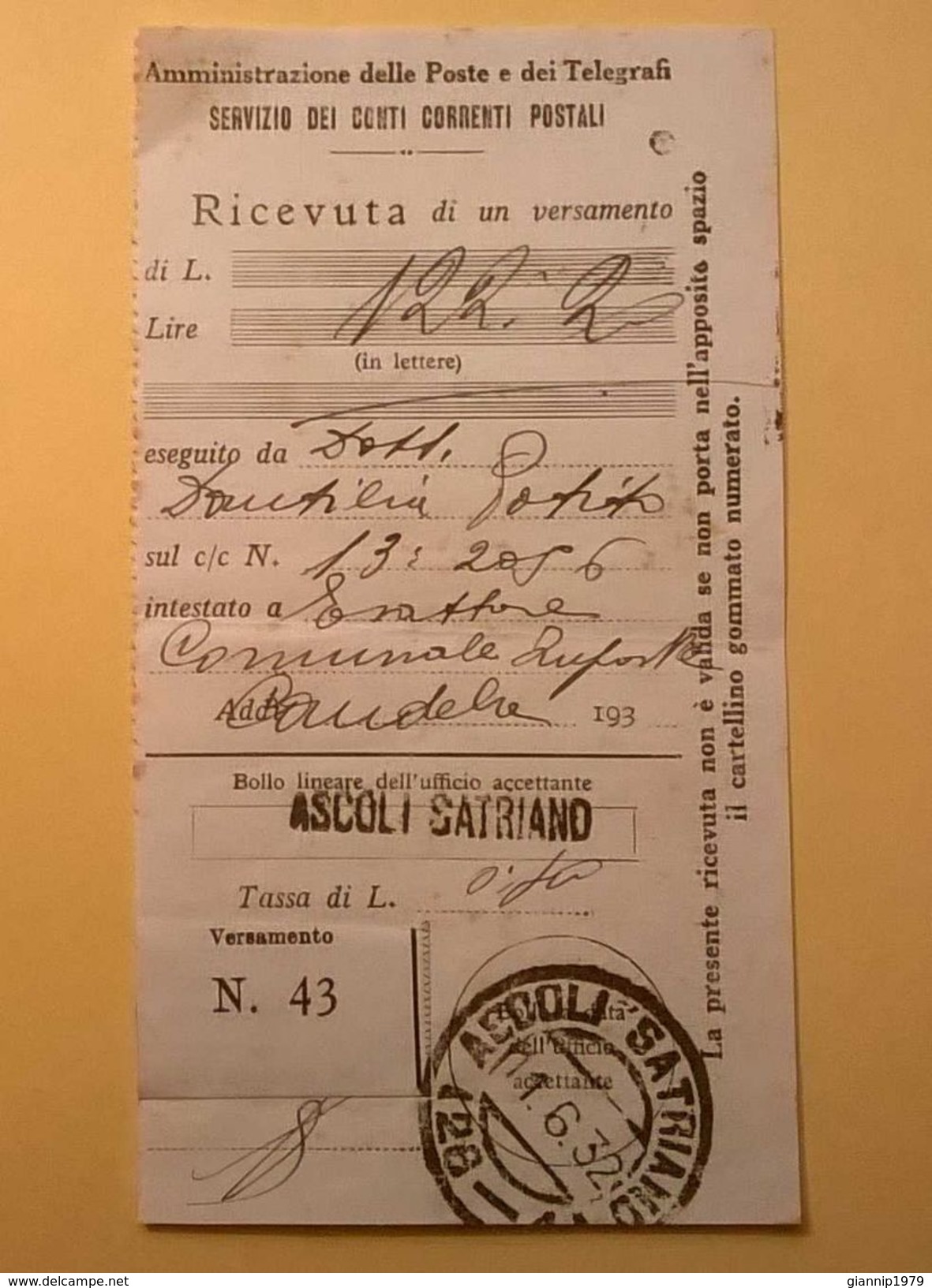 VAGLIA POSTALE RICEVUTA ASCOLI SATRIANO FOGGIA 1932 - Taxe Pour Mandats