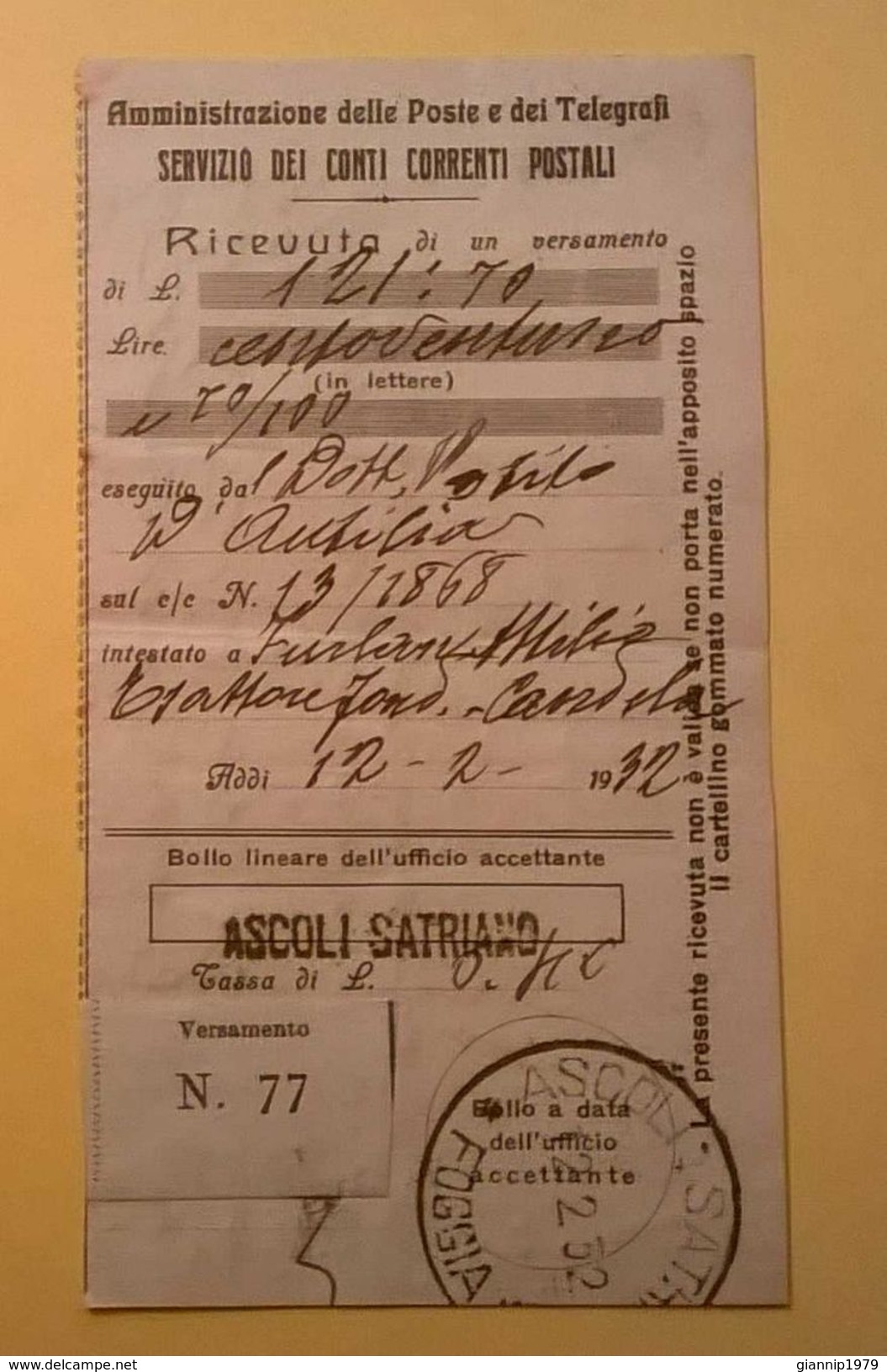VAGLIA POSTALE RICEVUTA ASCOLI SATRIANO FOGGIA 1932 - Taxe Pour Mandats