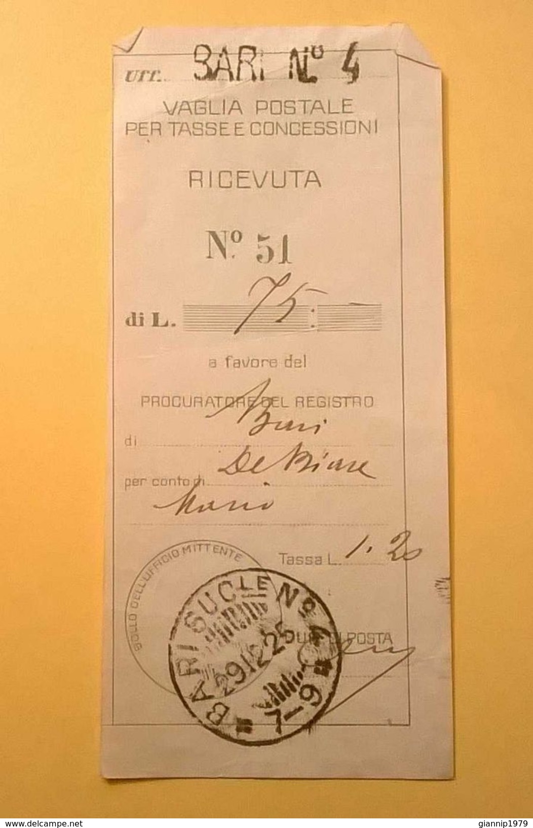 VAGLIA POSTALE RICEVUTA BARI 1925 - Taxe Pour Mandats