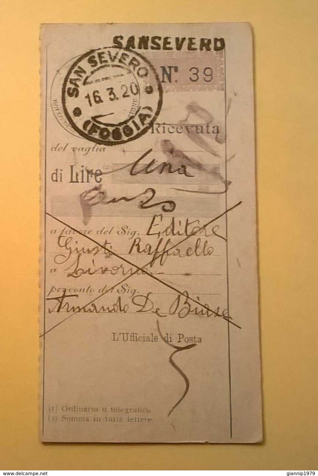 VAGLIA POSTALE RICEVUTA SAN SEVERO FOGGIA 1920 - Taxe Pour Mandats