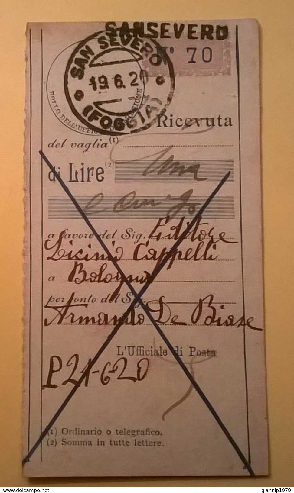 VAGLIA POSTALE RICEVUTA SAN SEVERO FOGGIA 1920 - Strafport Voor Mandaten