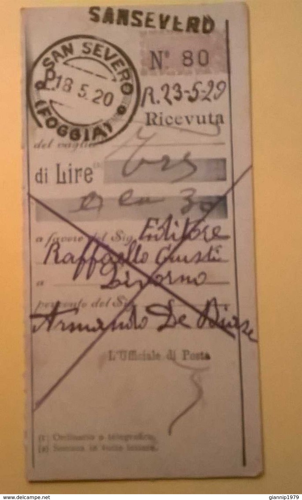 VAGLIA POSTALE RICEVUTA SAN SEVERO FOGGIA 1920 - Mandatsgebühr