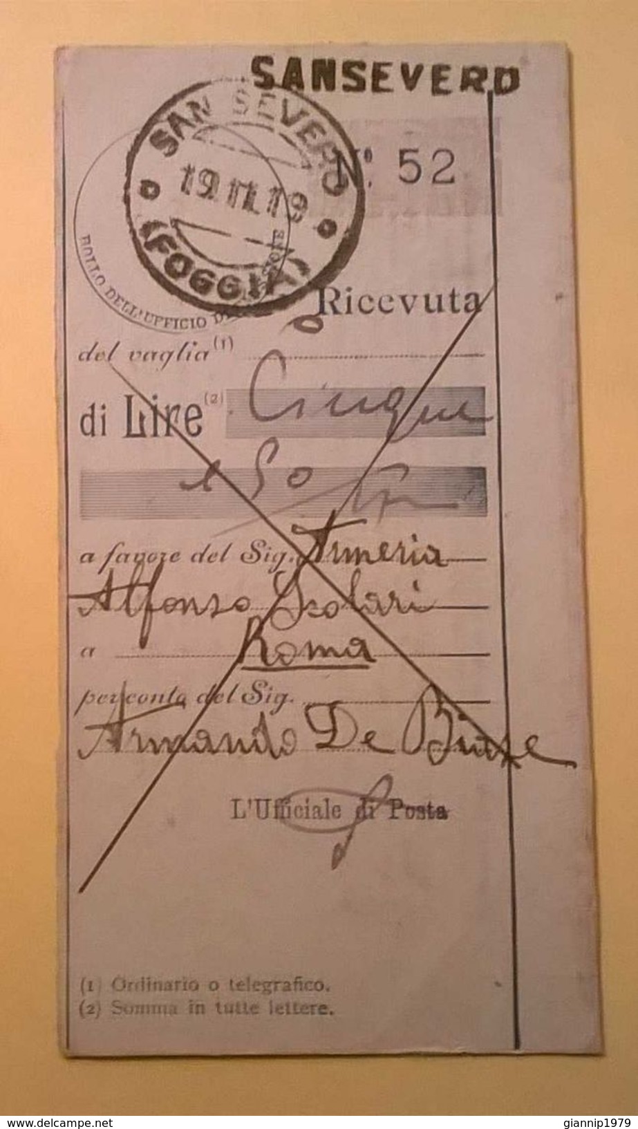 VAGLIA POSTALE RICEVUTA SAN SEVERO FOGGIA 1919 - Taxe Pour Mandats