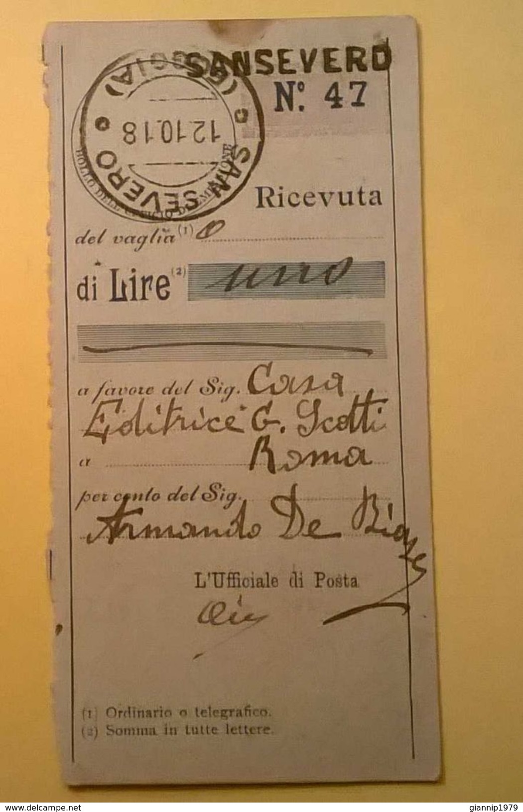 VAGLIA POSTALE RICEVUTA SAN SEVERO FOGGIA 1918 - Tax On Money Orders