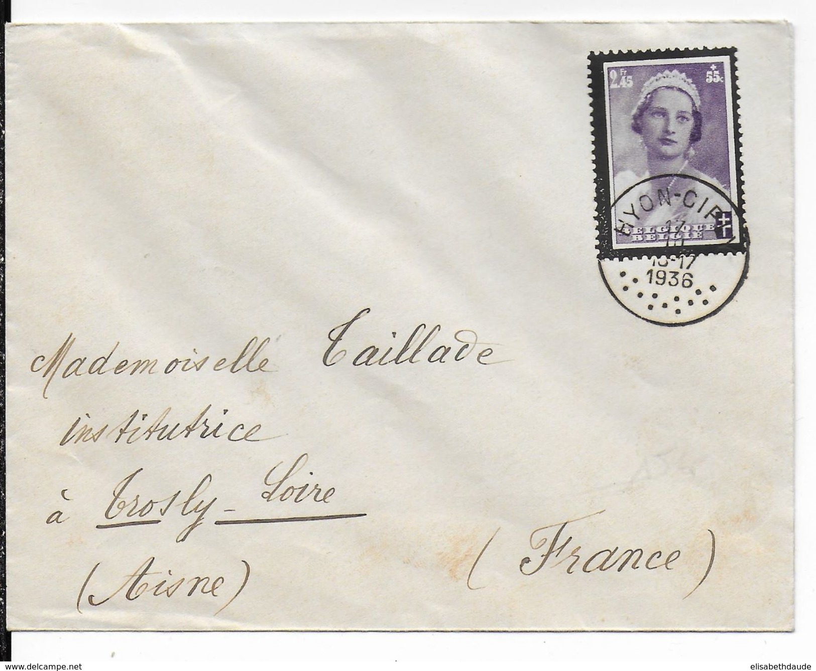 BELGIQUE - 1936 - ENVELOPPE De HYON-CIPLY => TROSLY-LOIRE (AISNE) - Storia Postale
