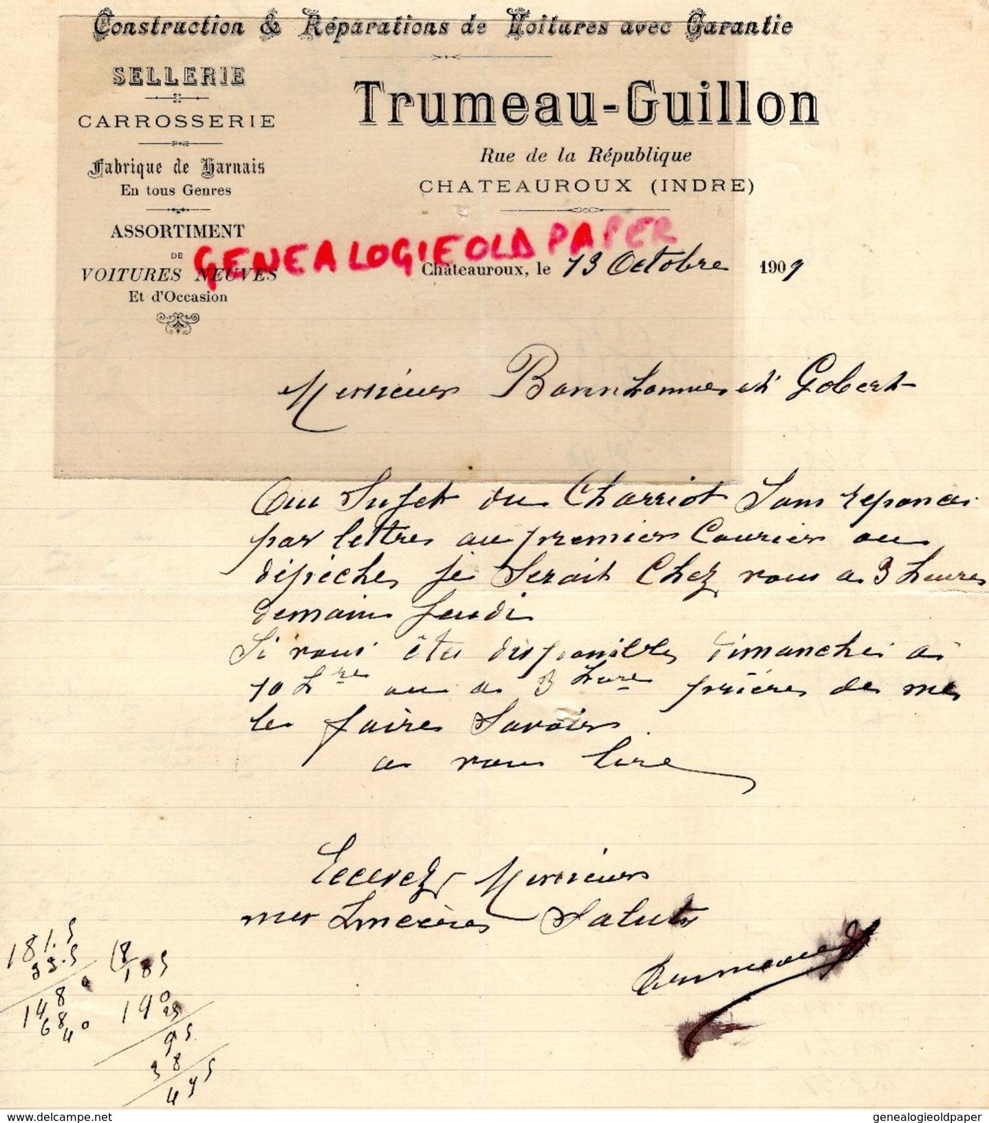 36- CHATEAUROUX- RARE LETTRE MANUSCRITE SIGNEE TRUMEAU GUILLON-CONSTRUCTION VOITURES- AUTOMOBILE-SELLERIE-RUE REPUBLIQUE - Cars