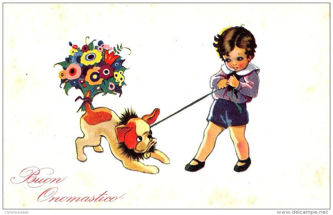 [DC9344] CPA - AUGURALE - BAMBINO CONA CANE E FIORI LEGATI ALLA CODA - FIRMATA - Non Viaggiata - Old Postcard - Altri & Non Classificati