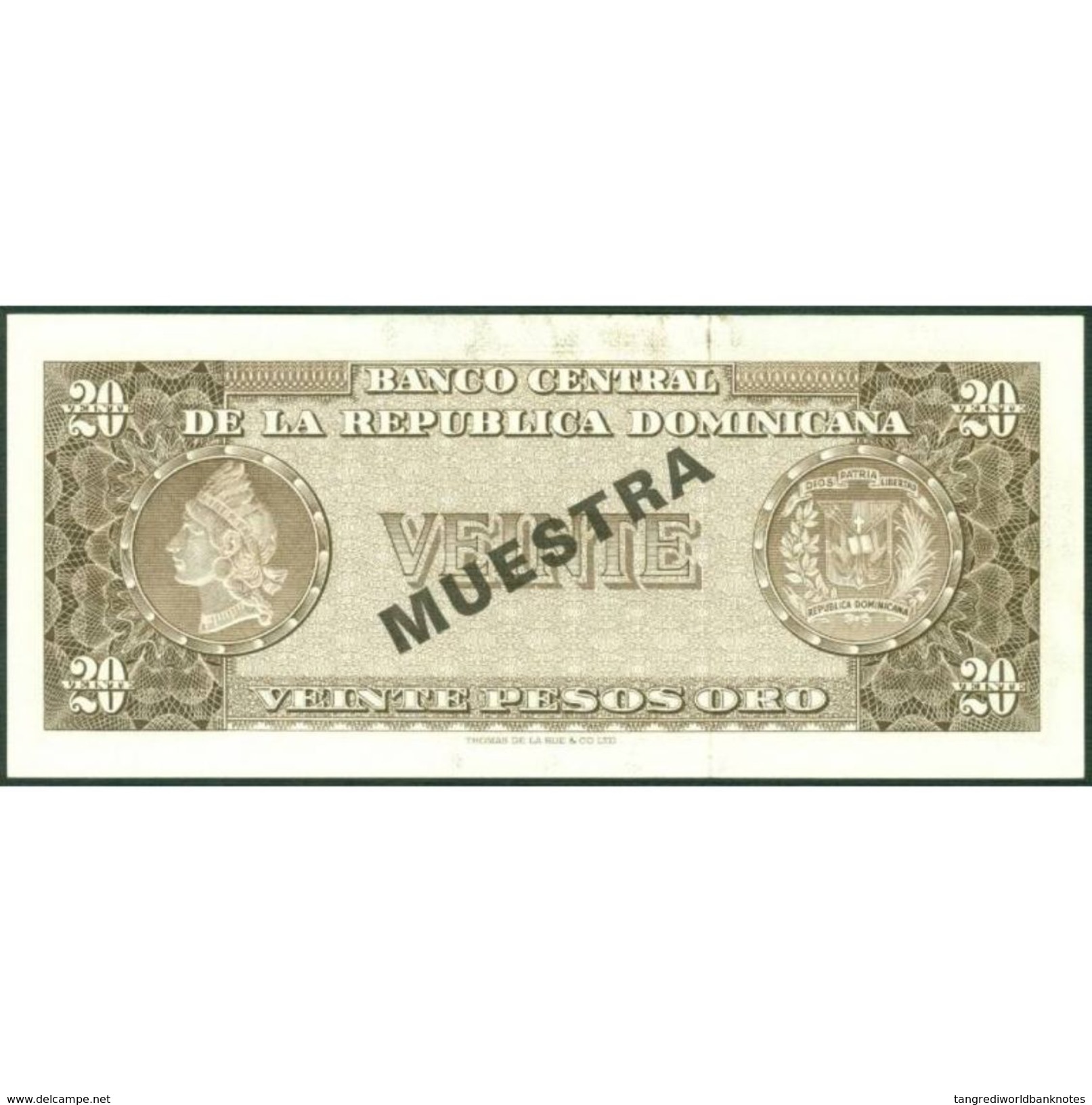 TWN - DOMINICAN REPUBLIC 102a2-s - 20 Pesos Oro 1967-1970 Muestra B 000000 B - Signatures: Fernández & Francisco﻿ UNC - Repubblica Dominicana