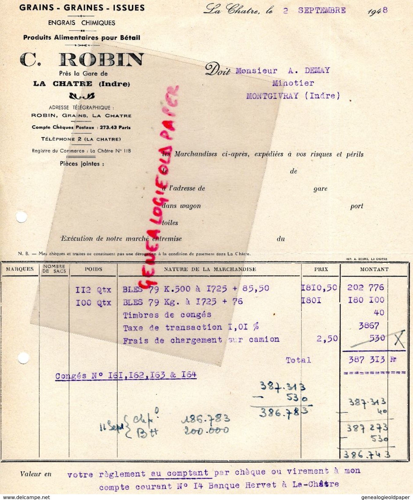 36- LA CHATRE-RARE FACTURE C. ROBIN-AGRICULTURE HORTICULTURE-GRAINS GRAINES-ENGRAIS CHIMIQUES- PRES LA GARE-1948 - Landwirtschaft
