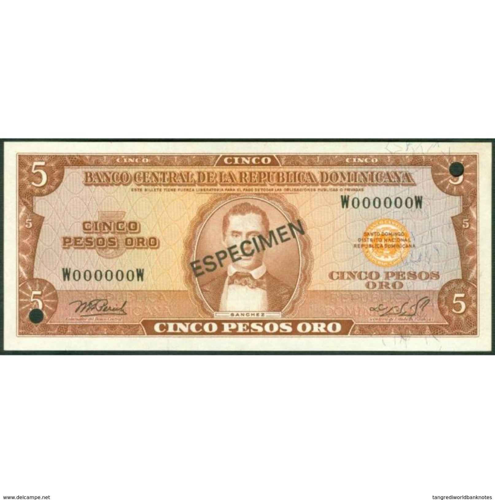 TWN - DOMINICAN REPUBLIC 109b-s - 5 Pesos Oro 1976 Especimen Punch Hole Canceled W 000000 W UNC - Repubblica Dominicana