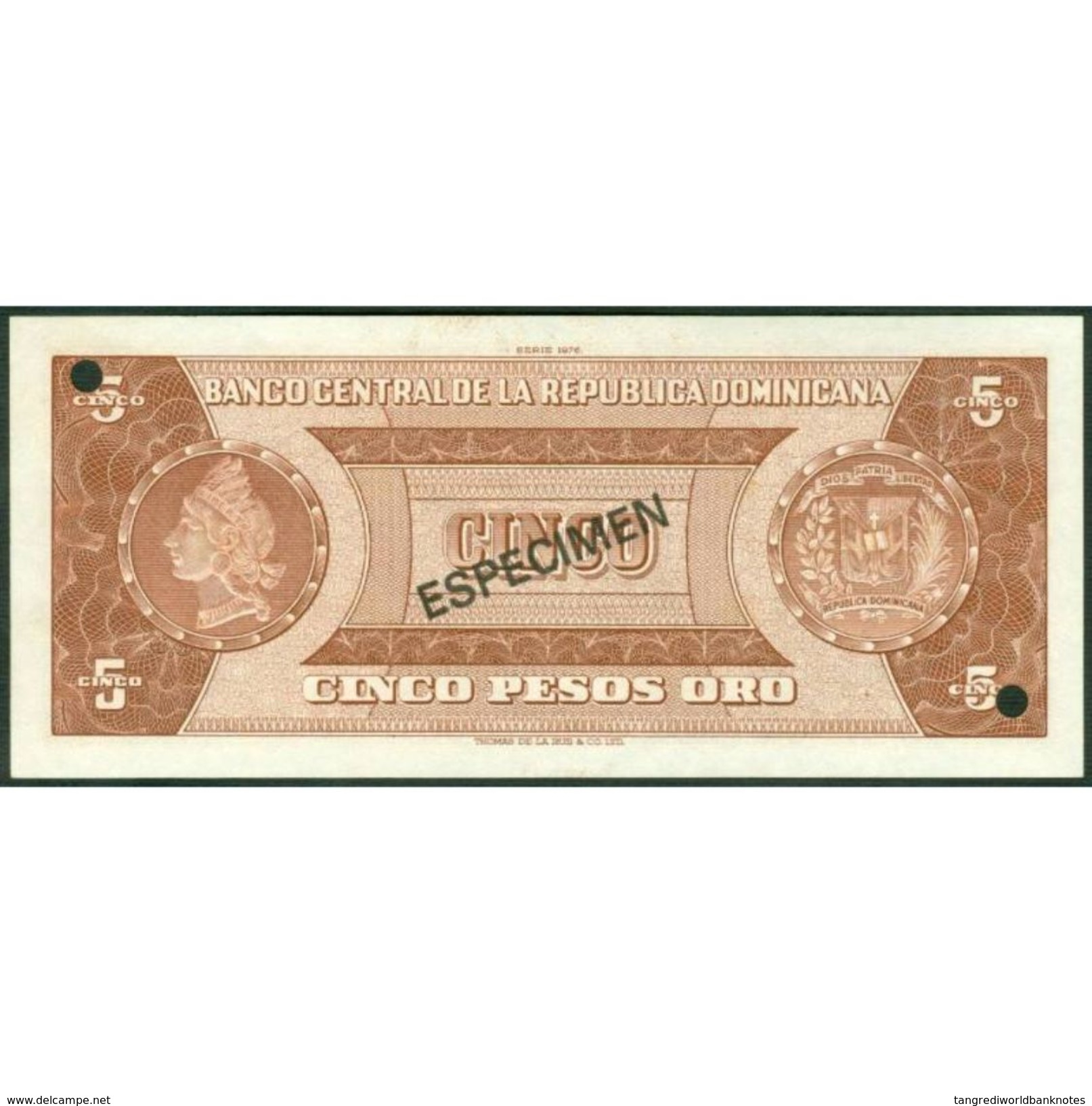 TWN - DOMINICAN REPUBLIC 109b-s - 5 Pesos Oro 1976 Especimen Punch Hole Canceled W 000000 W UNC - Repubblica Dominicana