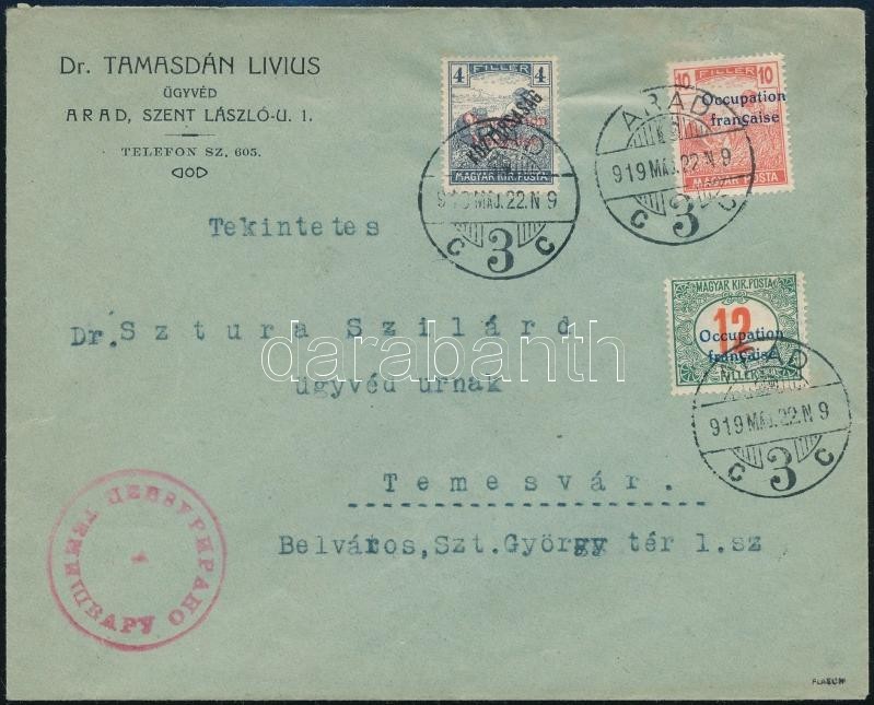 Arad 1919 Levél Arató 10f + Arató/Köztársaság 4f + Piros Számú 12f Bérmentesítéssel 'ARAD' - 'TEMESVÁR' Certificate: Fla - Autres & Non Classés