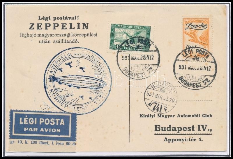 1931 Zeppelin Körrepülés Levelezőlap 1P Zeppelin + Repülő 12f Bérmentesítéssel, Budapesti Ledobással (16.000) - Altri & Non Classificati