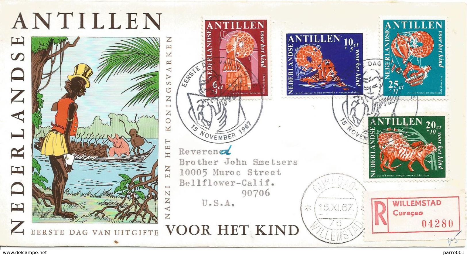 Netherlands Antilles 1967 Curacao Fairy Tale Nanzi The Spider And The Tiger Children Registered FDC Cover - Verhalen, Fabels En Legenden