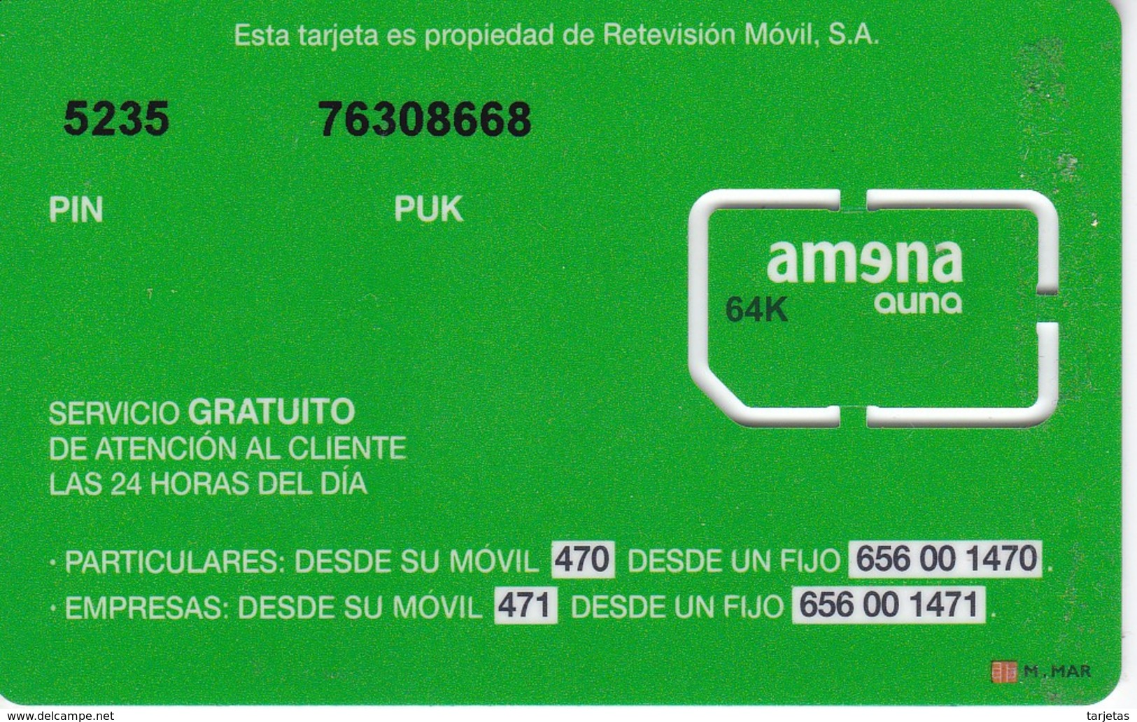 TARJETA GSM - SIM DE AMENA AUNA PORTABILIDAD (NUEVA-MINT) MUY RARA - Amena - Retevision