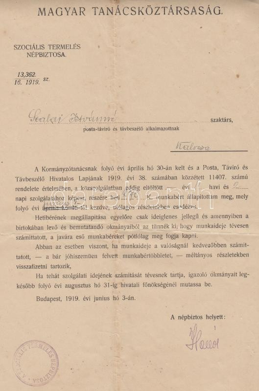 1919 Bp., A Magyar Tanácsköztársaság Szociális Termelési Népbiztosának Hivatalos Levele Munkabérrel Kapcsolatban - Non Classificati