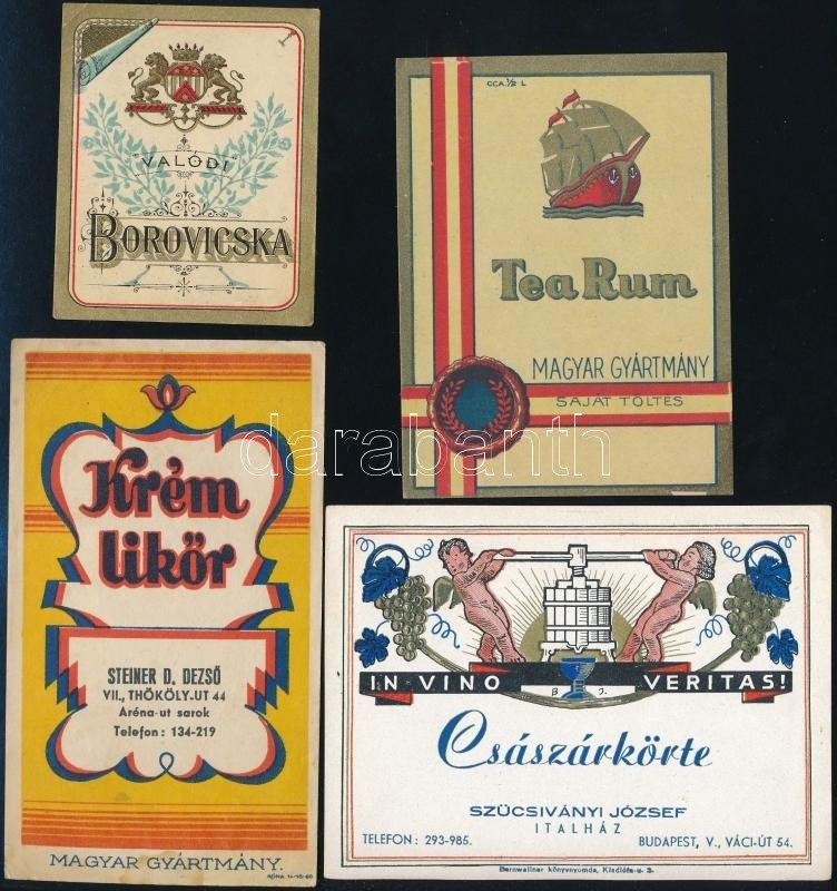 Cca 1910-1930 4 Db Italcímke: Steiner D. Dezső Krém Likőr, Valódi Borovicska, Tea Rum, Szücsiványi József Császárkörte,  - Publicités