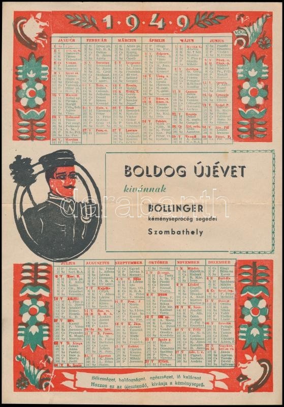 1949 Bollinger Kéményseprőcég Naptára, újévi üdvözlettel, 29,5x21 Cm - Publicités