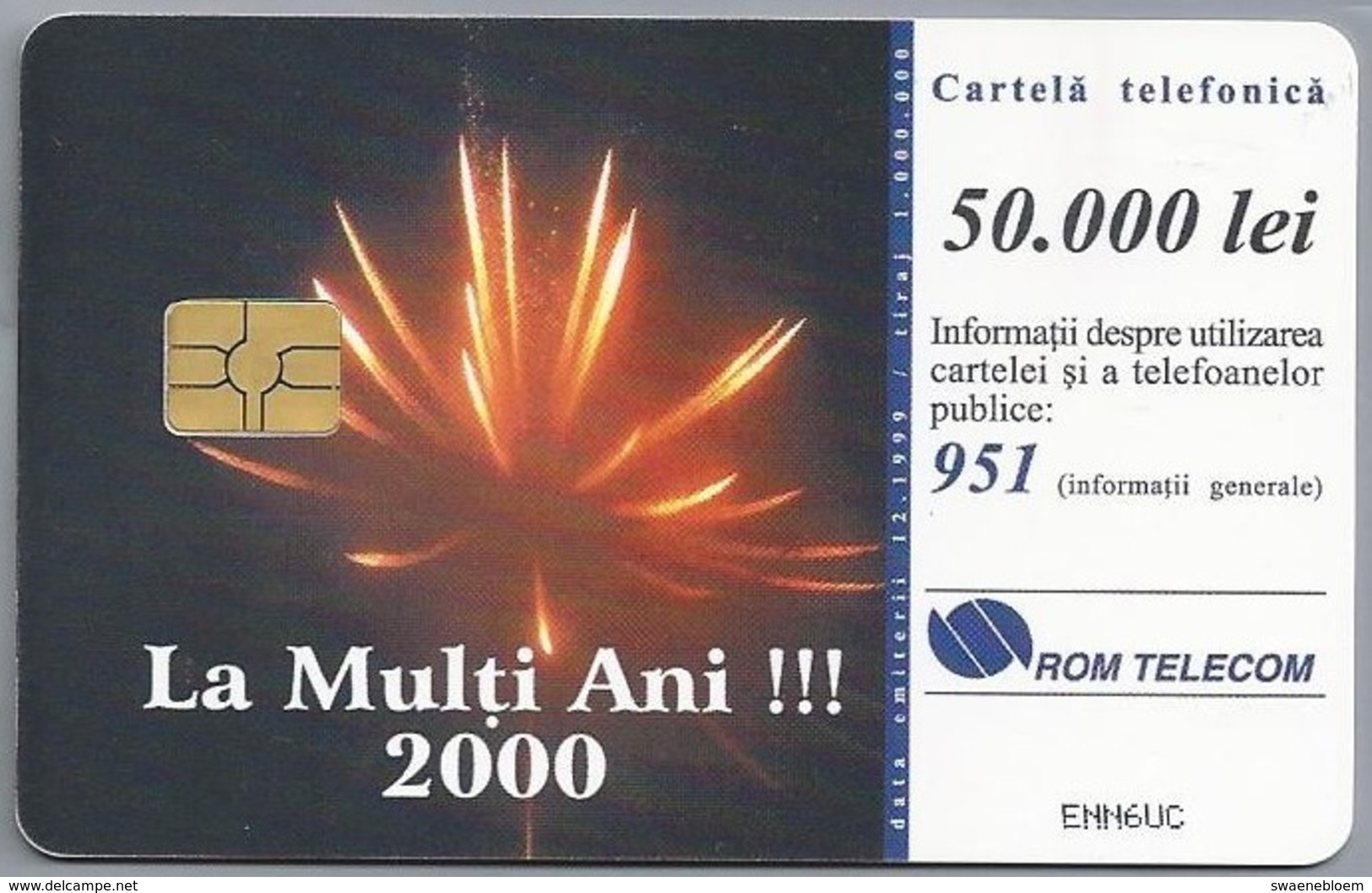 RO.- Telefoonkaart. ROM TELECOM. Cartela Telefonica. 50.000 Lei. - LA MULTI ANI !!! - 2000. Roemenië - Roemenië