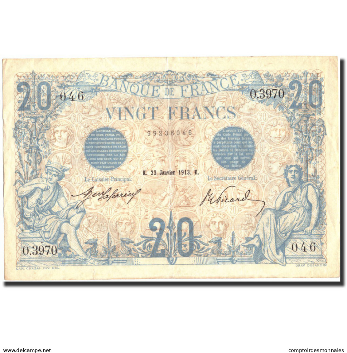 France, 20 Francs, 20 F 1905-1913 ''Bleu'', 1913, 1913-01-23, TTB+ - 20 F 1905-1913 ''Bleu''