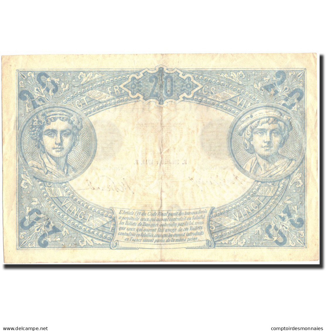 France, 20 Francs, 20 F 1905-1913 ''Bleu'', 1913, 1913-01-23, TTB+ - 20 F 1905-1913 ''Bleu''