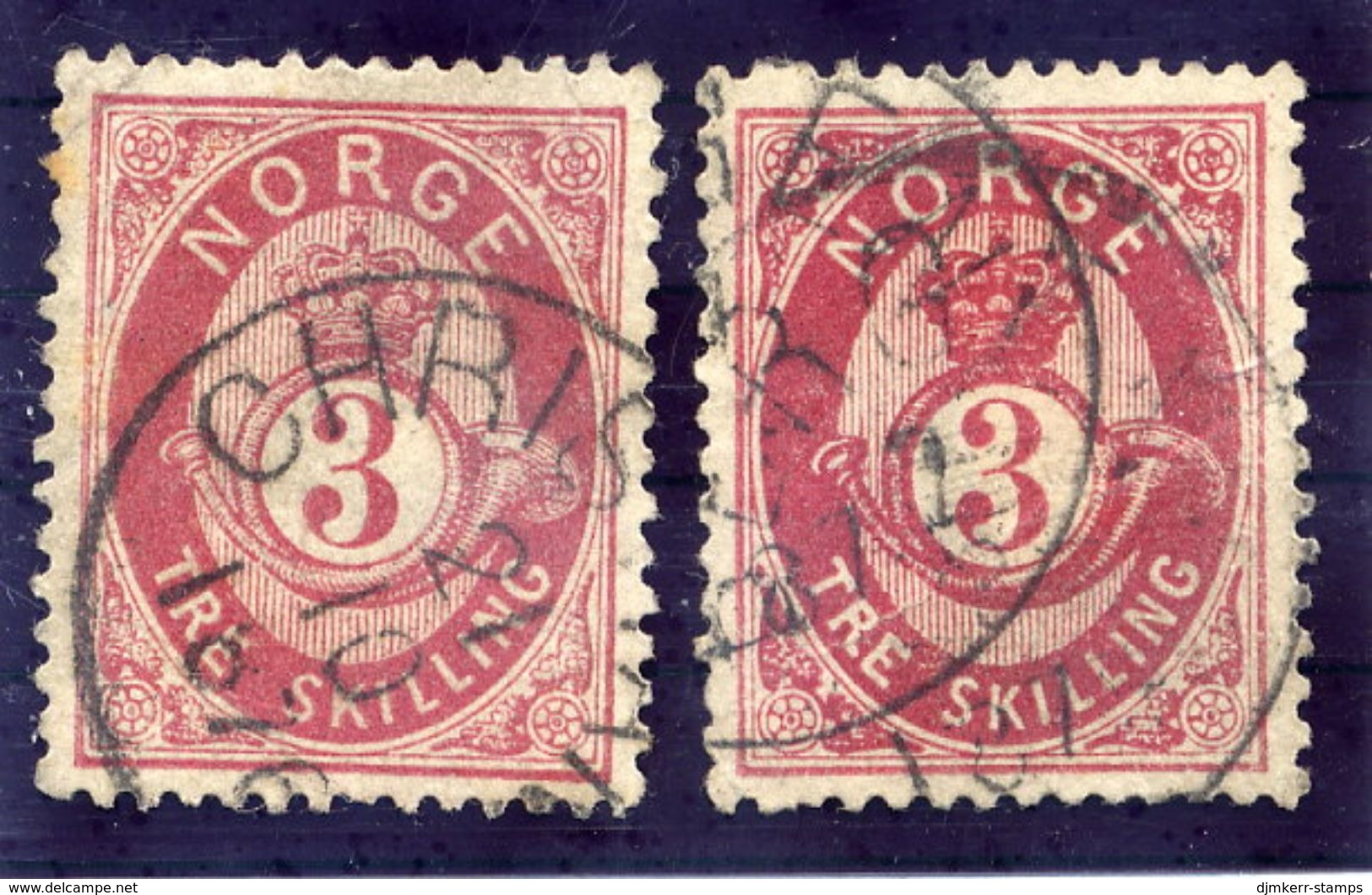 NORWAY 1871 Posthorn 3 Sk. Two Shades, Fine Used.  Michel 18a-b - Used Stamps