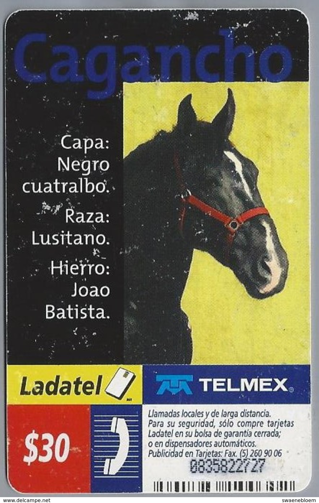 MX.- MEXICO. PHONECARD. LADATEL $ 30. TELMEX. Pablo Hermoso De Mendoza. CAGANCHO. Capa: Negro Cuatralbo. Razza: Lusitano - Mexico