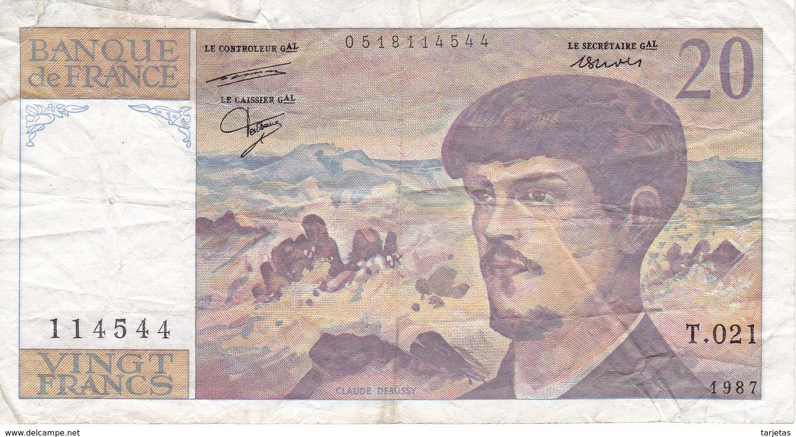 BILLETE DE FRANCIA DE 20 FRANCS DEL AÑO 1987 SERIE T.021  (BANKNOTE) CLAUDE DEBUSSY - 20 F 1980-1997 ''Debussy''