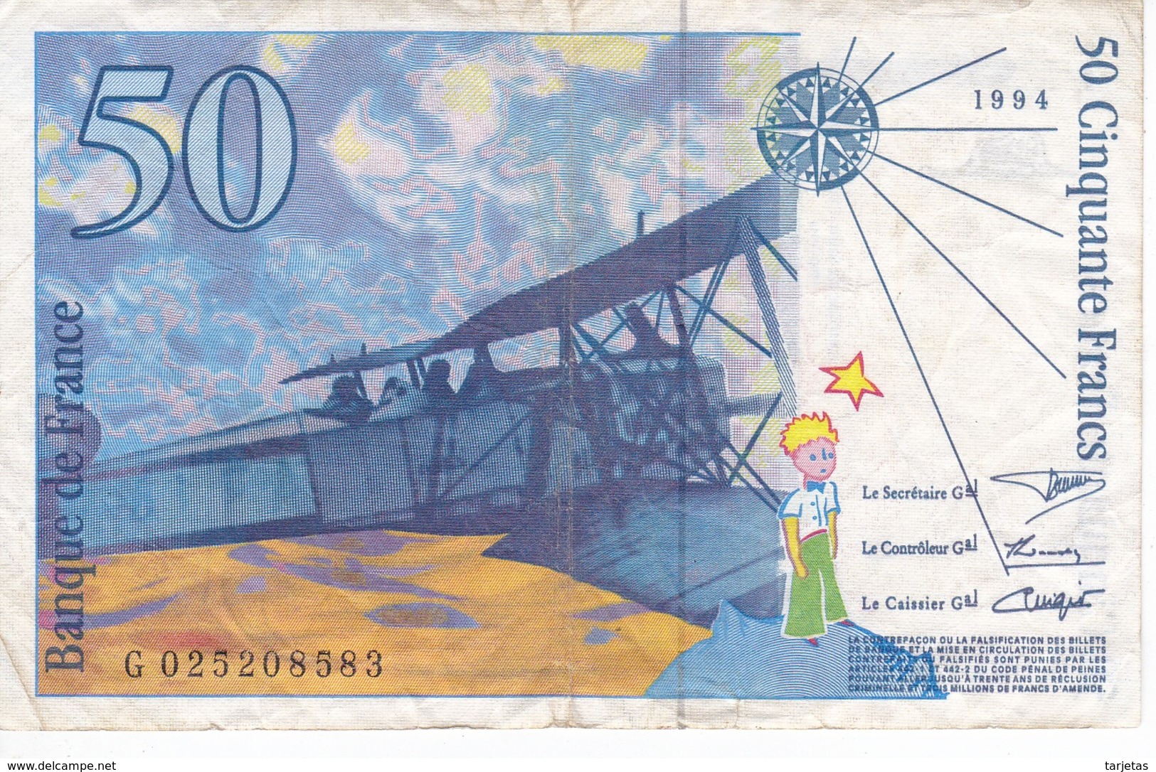 BILLETE DE FRANCIA DE 50 FRANCOS DEL AÑO 1994   (BANKNOTE) - 50 F 1992-1999 ''St Exupéry''