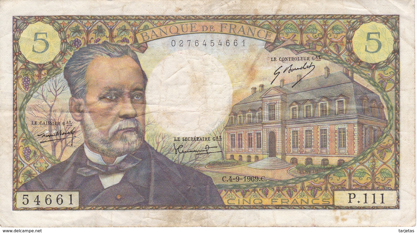 BILLETE DE FRANCIA DE 5 FRANCS DEL 4-9-1969  (BANKNOTE) PASTEUR - 5 F 1966-1970 ''Pasteur''