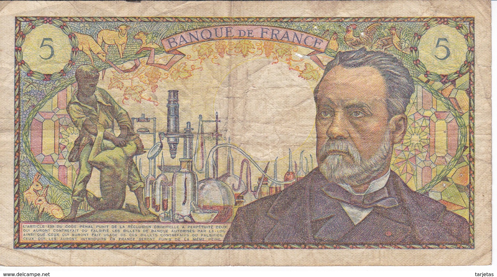 BILLETE DE FRANCIA DE 5 FRANCS DEL 8-1-1970  (BANKNOTE) PASTEUR - 5 F 1966-1970 ''Pasteur''