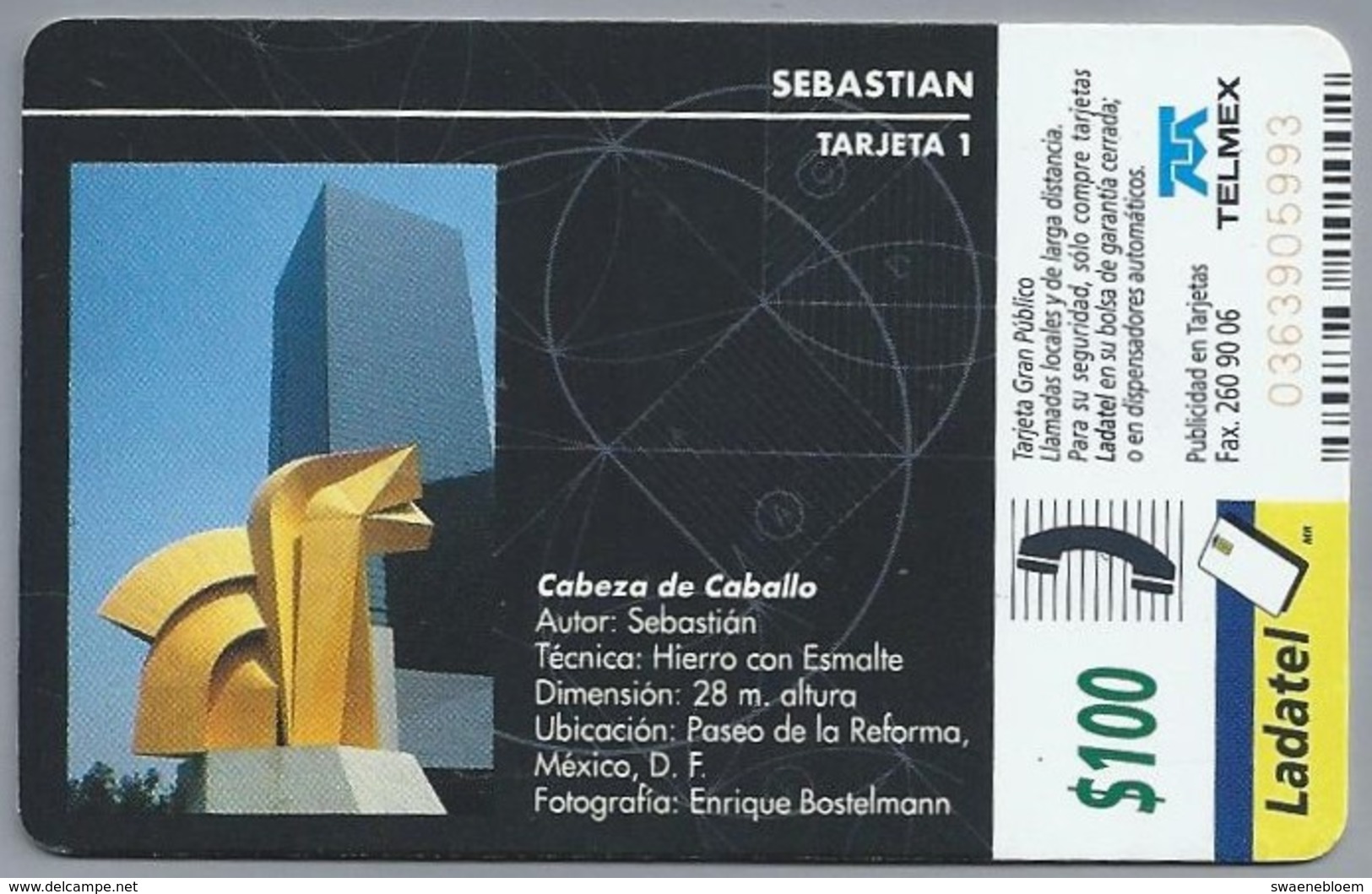 MX.- MEXICO. PHONECARD. LADATEL $ 100. TELMEX. SEBASTIAN. TARJETA 1. Cabeza De Caballo. 2 Scans - Mexico