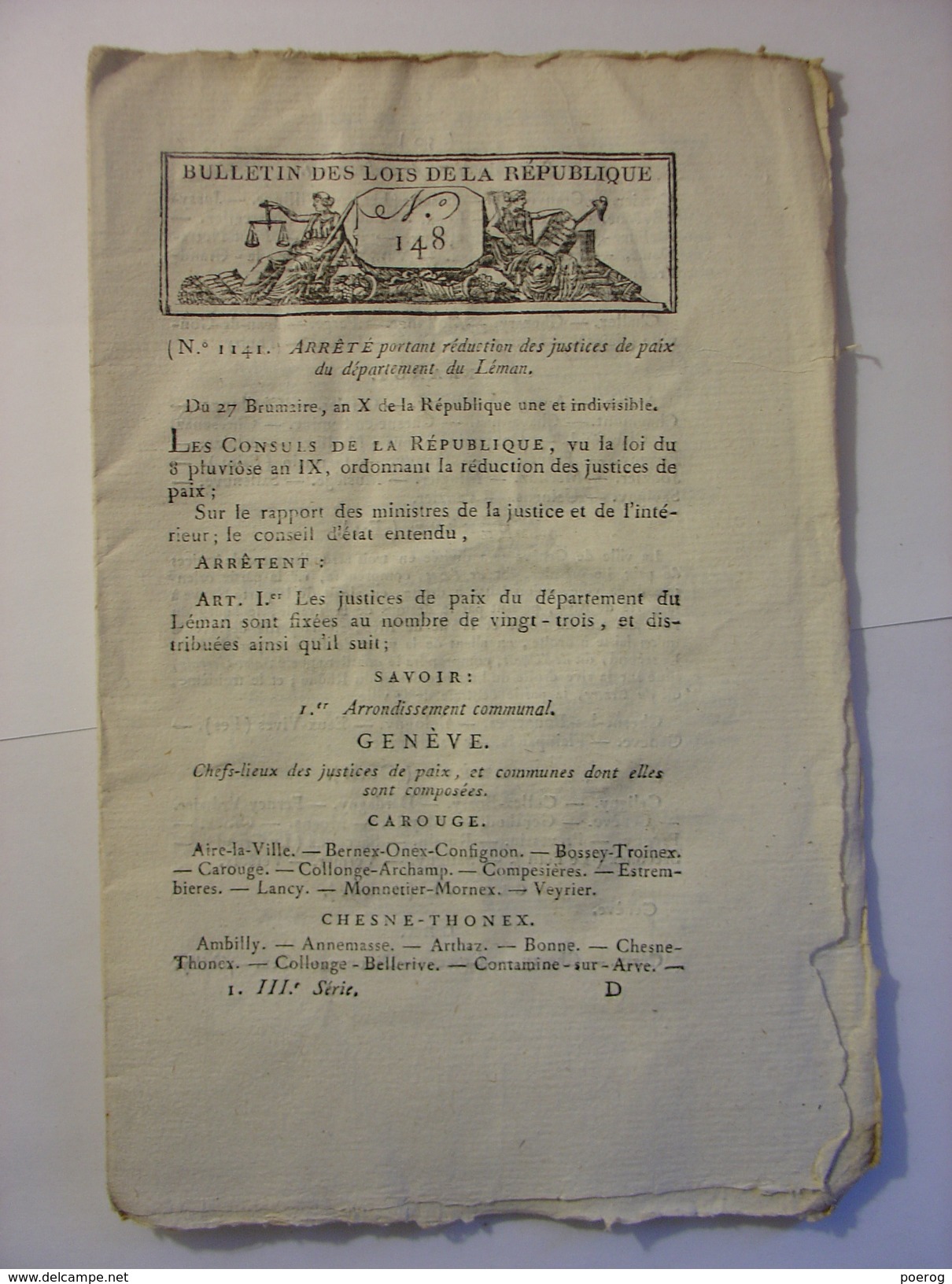 BULLETIN DES LOIS N°148 De 1801 (BRUMAIRE AN X) - JUSTICES DE PAIX LEMAN (SUISSE) - MAINE ET LOIRE - VIENNE - Decrees & Laws