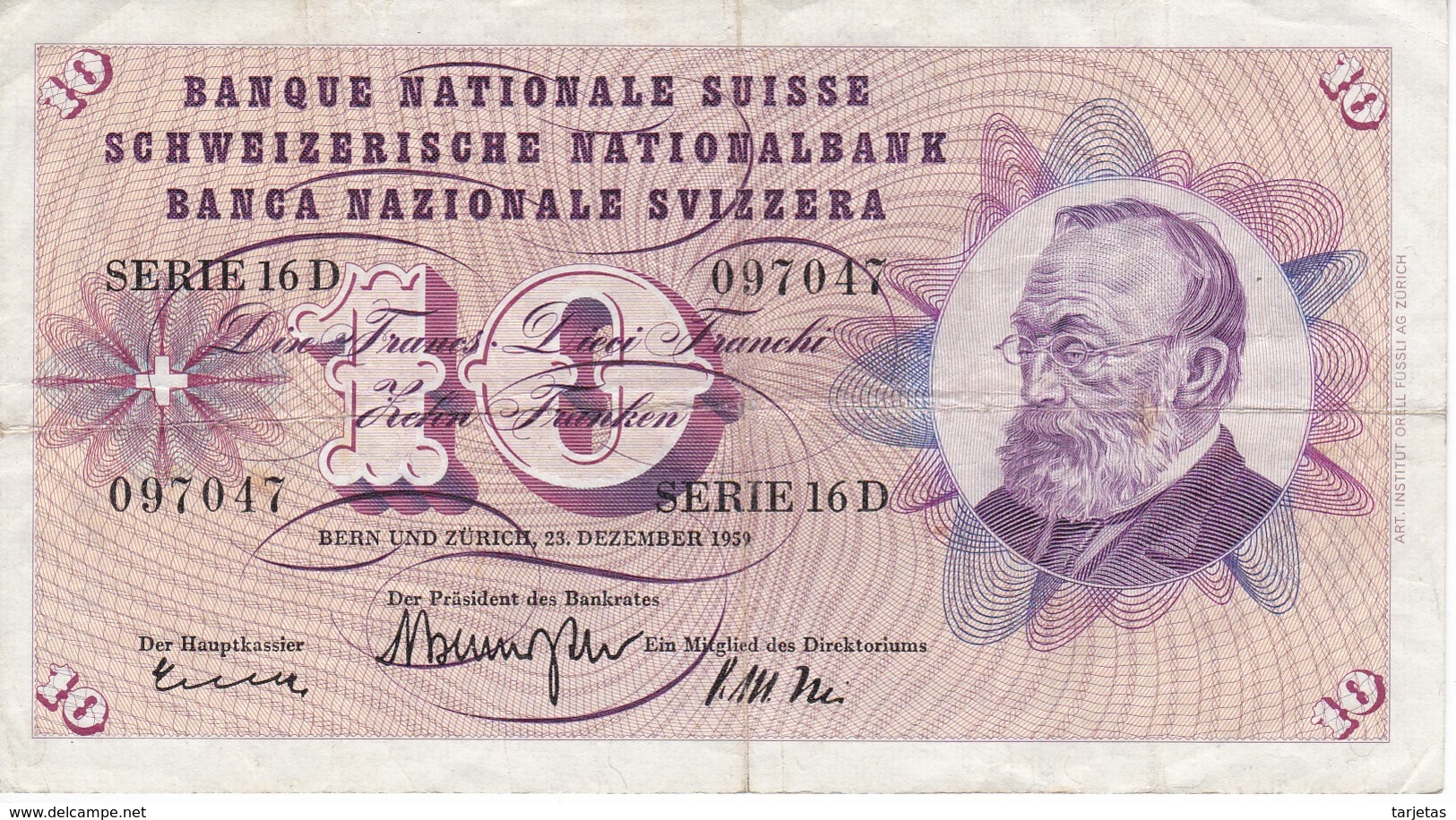 BILLETE DE SUIZA DE 10 FRANCS DEL AÑO 1959 (BANKNOTE) - Suiza