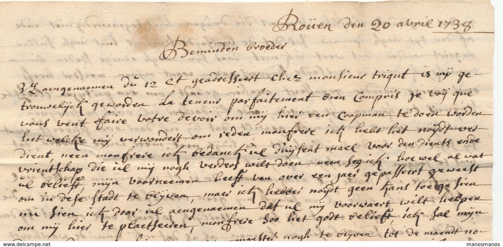 763/25 - Lettre Manuscrit " De Rouen " ROUEN 1738 Vers GAND - Signée Tollens - Port à L'encre 6 Stuivers - 1701-1800: Précurseurs XVIII