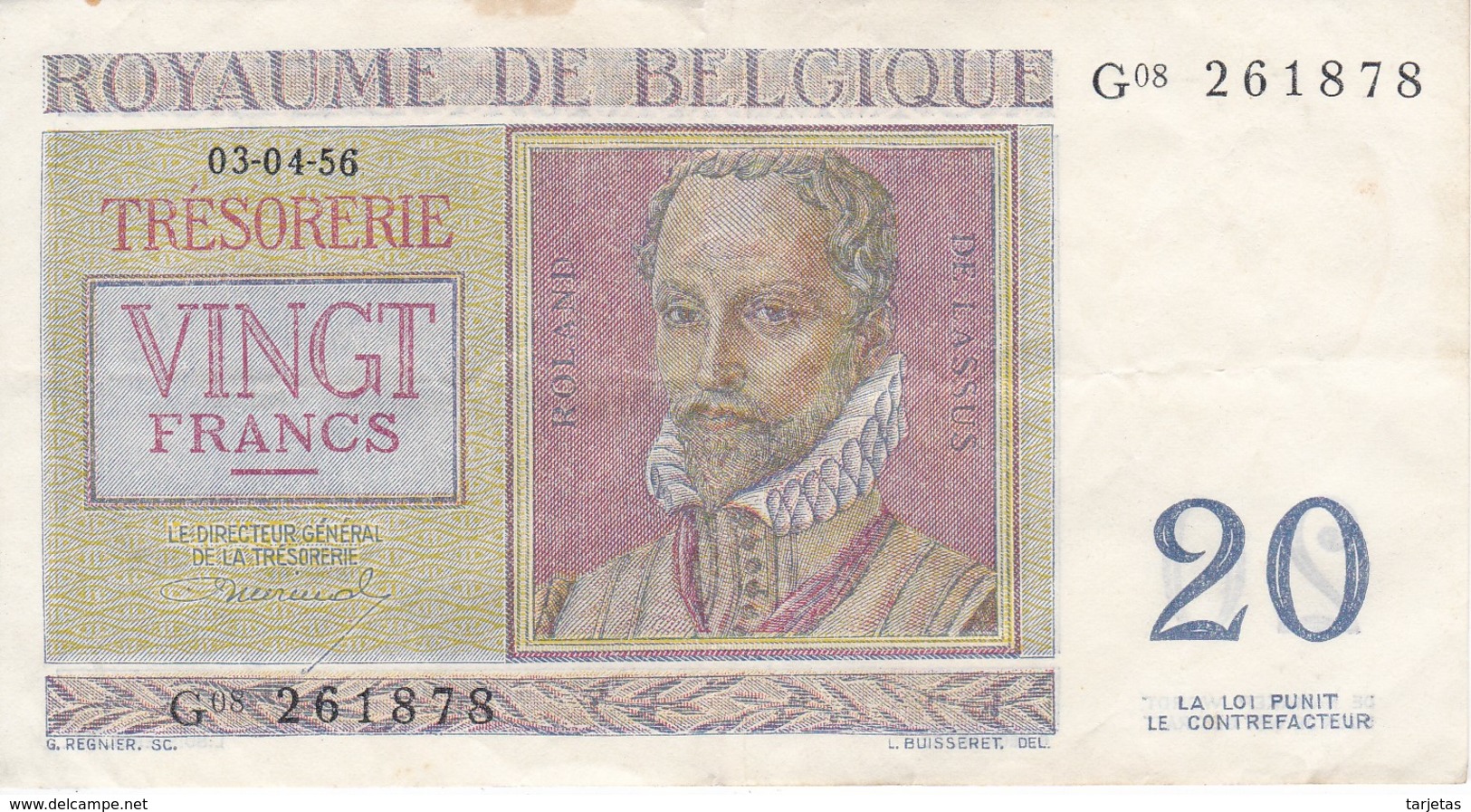 BILLETE DE BELGICA DE 20 FRANCOS DEL AÑO 1956  (BANKNOTE) - 20 Francs