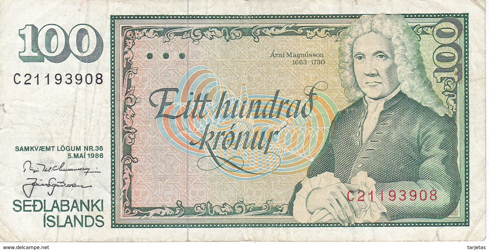 BILLETE DE ISLANDIA DE 100 KRONUR DEL AÑO 1986   (BANKNOTE) - Islandia