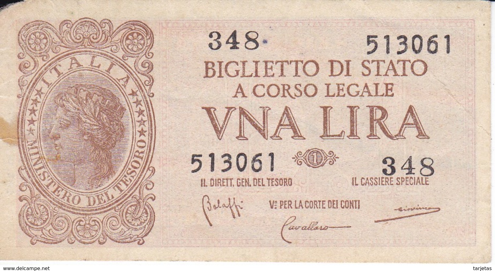 BILLETE DE ITALIA DE 1 LIRA  BIGLIETO DI STATO DEL AÑO 1944  (BANKNOTE) - Italia – 1 Lira