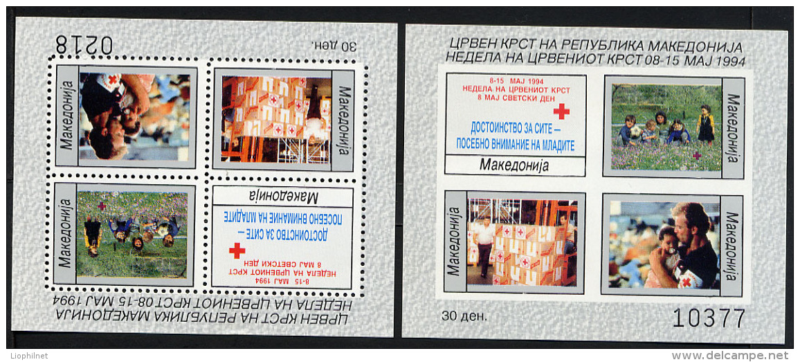 MACEDOINE 1994, Bienfaisance Yv. 7, Croix-Rouge, Enfants, Colis, Homme Et Enfant, 2 Blocs Dent. Et ND, Neuf / Mint. R695 - Macédoine Du Nord