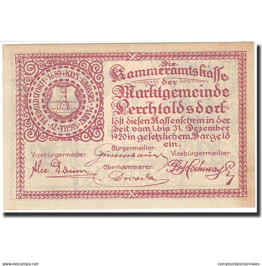 Billet, Autriche, Perchtoldsdorf, 20 Heller, Mairie, 1920, 1920-12-31, SPL - Austria